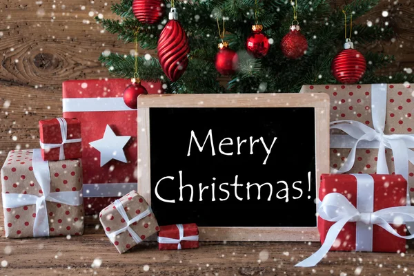 Färgglada träd med snöflingor, text Merry Christmas — Stockfoto