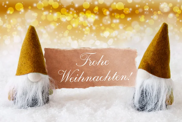 Gyllene GNOMEs med kort, Frohe weihnachten betyder god jul — Stockfoto