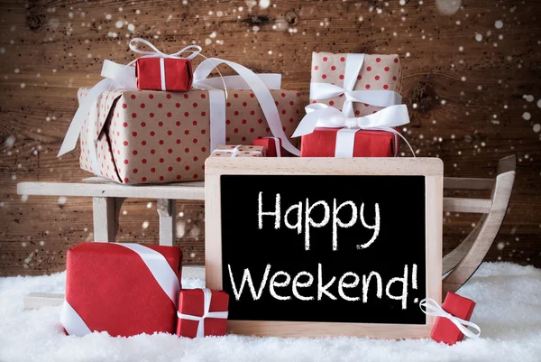 Slitta con regali, neve, fiocchi di neve, SMS Happy Weekend — Foto Stock