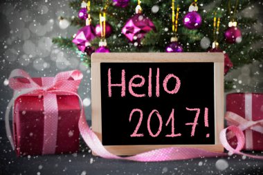 Ağaç hediyeler, kar taneleri, Bokeh, metin Merhaba 2017 ile