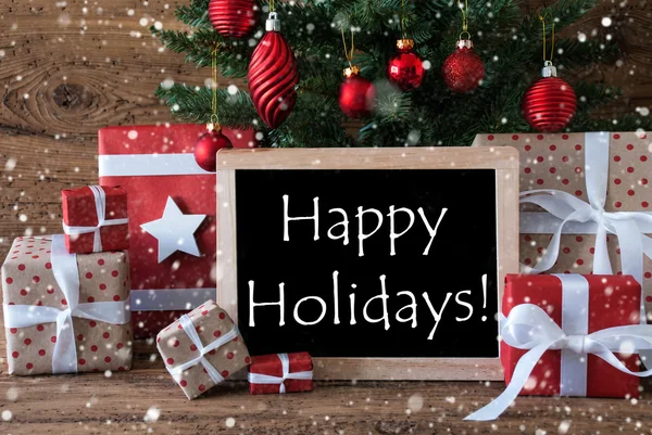 Kleurrijke kerstboom met sneeuwvlokken, tekst Happy Holidays — Stockfoto