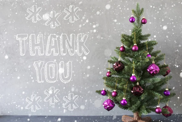 Χριστουγεννιάτικο δέντρο με νιφάδες χιονιού, τσιμέντο τοίχου, κείμενο σας ευχαριστώ — Φωτογραφία Αρχείου