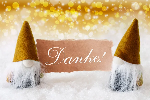 Gnomos dourados com cartão, Danke significa obrigado — Fotografia de Stock