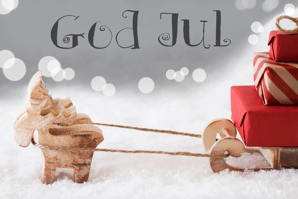 Reindeer With Sled, Silver Background, God Jul Means Merry Christmas — Stock Photo, Image