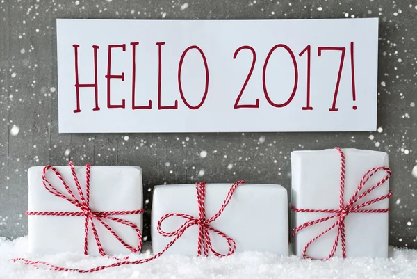 White Gift With Snowflakes, Text Hello 2017 — Stok fotoğraf