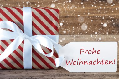 Snowflakes ile Present, Metin Frohe Weihnachten Neşeli Noeller anlamına gelir
