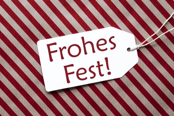 Label On Red Wrapping Paper, Frohes Fest Means Merry Christmas — Stock Photo, Image