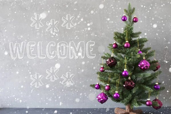 Albero di Natale con fiocchi di neve, Muro di cemento, Testo di benvenuto — Foto Stock