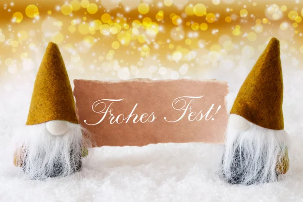Gnomos dourados com cartão, Frohes Fest significa Feliz Natal — Fotografia de Stock