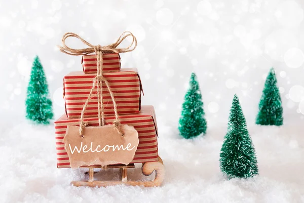 Sleigh de Natal na neve, boas-vindas feliz — Fotografia de Stock