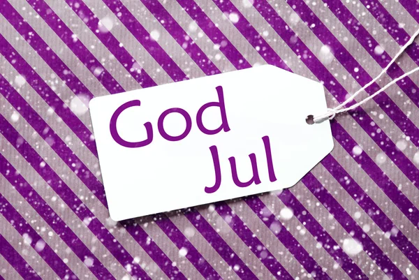 Etichetta su carta viola, fiocchi di neve, Dio Jul significa Buon Natale — Foto Stock