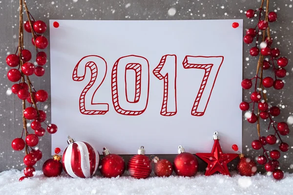 Етикетка, сніжинки, новорічні кульки, текст 2017 — стокове фото