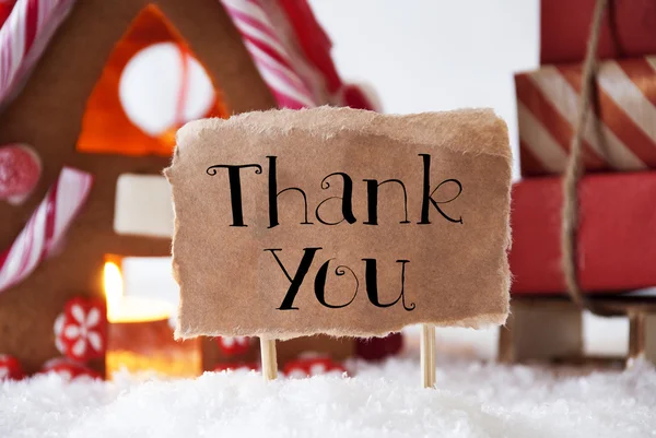 Gingerbread House With Sled, Text Thank You — Stock Photo, Image
