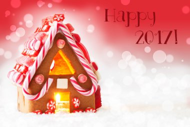 Gingerbread House, kırmızı arka plan, metin mutlu 2017