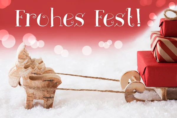 순 록 썰매, 빨간 배경, Frohes 페스트와 함께 메리 크리스마스 의미 — 스톡 사진