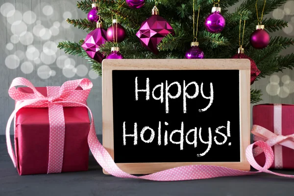 Boom met geschenken, Bokeh, tekst Happy Holidays — Stockfoto