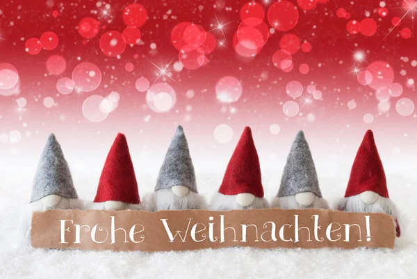 Gnome, roter Hintergrund, Bokeh, Sterne, frohe Weihnachten bedeutet frohe Weihnachten — Stockfoto