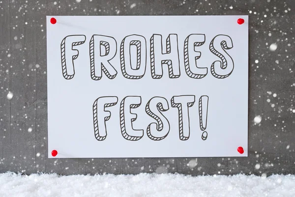 Etikett an Zementwand, Schneeflocken, Froschfest bedeutet frohe Weihnachten — Stockfoto