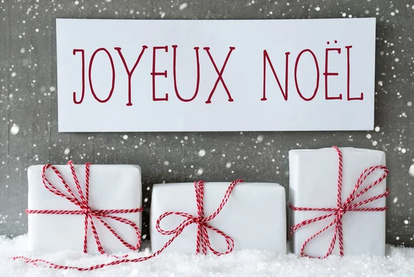 White Gift With Snowflakes, Joyeux Noel Means Merry Christmas — Φωτογραφία Αρχείου