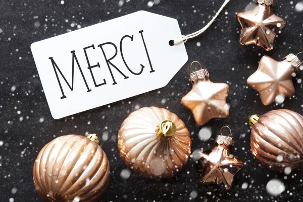 Bronze Christmas Balls, Snowflakes, Merci Means Thank You — Stock Photo, Image