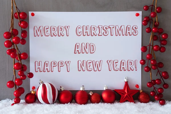Etiqueta, Nieve, Bolas, Texto Feliz Navidad y Feliz Año Nuevo — Foto de Stock