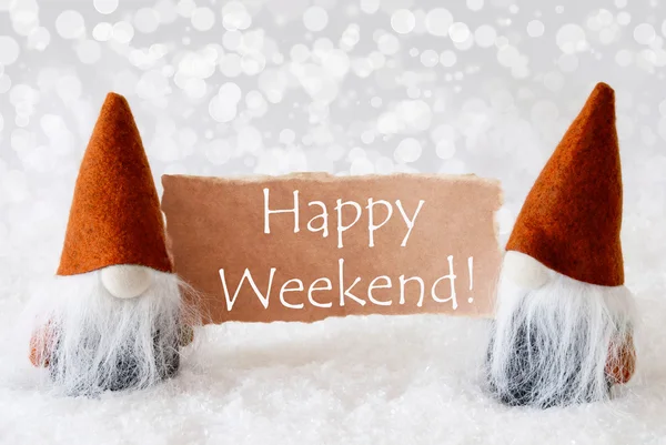 Gnomes en bronze avec carte, texte Happy Weekend — Photo