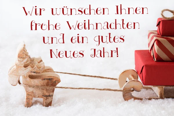 Rena com trenó, Frohes Neues Jahr significa feliz ano novo — Fotografia de Stock