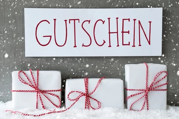 White Gift With Snowflakes, Gutschein Means Voucher — 스톡 사진