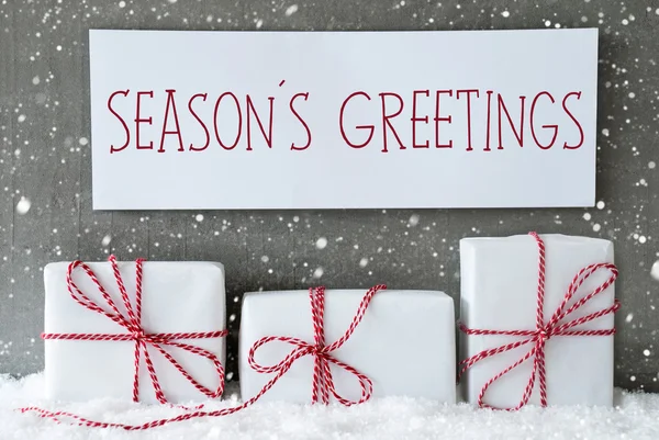 White Gift With Snowflakes, Text Seasons Greetings — Stock fotografie