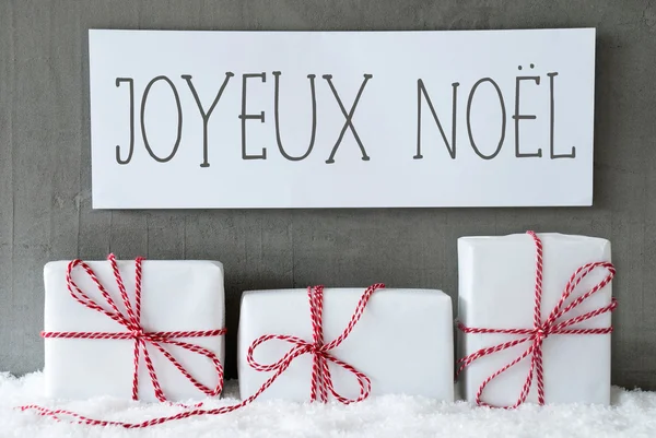 White Gift On Snow, Joyeux Noel Means Merry Christmas — Stock Photo, Image