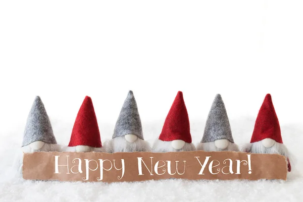 Gnomi, sfondo bianco, testo felice anno nuovo — Foto Stock