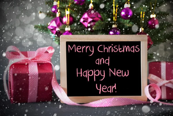 Träd med gåvor, snöflingor, Bokeh, god jul, gott nytt år — Stockfoto