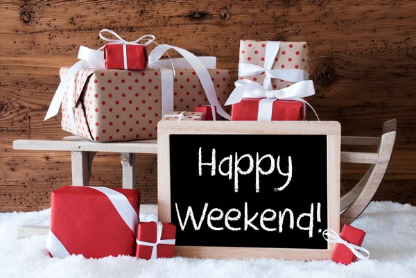 Slitta con regali sulla neve, SMS Happy Weekend — Foto Stock