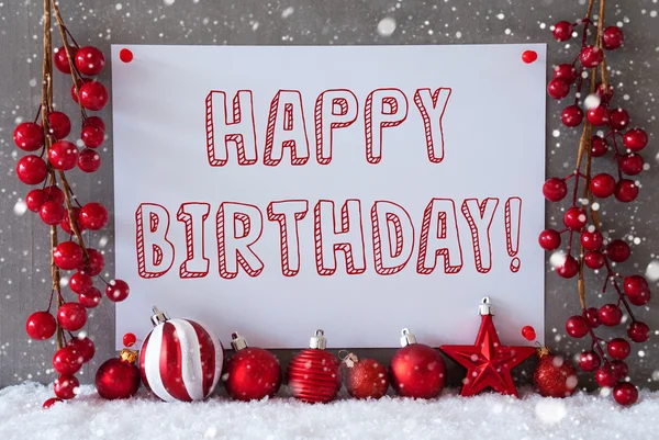 Etykieta, płatki śniegu, bombki, tekst Happy Birthday — Zdjęcie stockowe