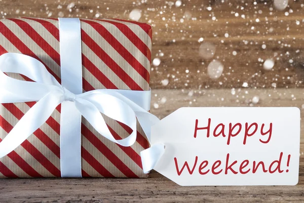 Present With Snowflakes, Text Happy Weekend — Stock Photo, Image