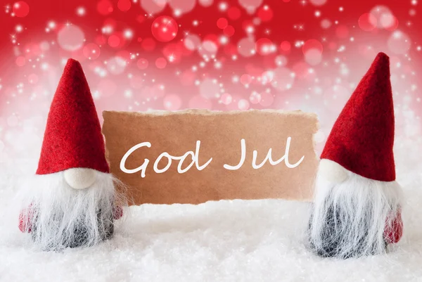 Red Christmassy Gnomes With Card, God Jul Means Merry Christmas — Stock Photo, Image