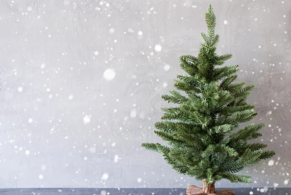 Weihnachtsbaum mit Zementwand als Hintergrund, Schneeflocken, Kopierraum — Stockfoto