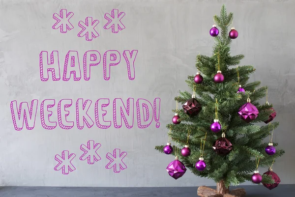 Juletre, Sementvegg, Tekst Happy Weekend – stockfoto