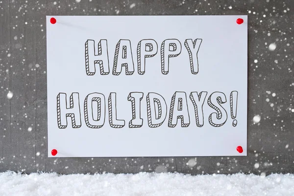 Label op Cement muur, sneeuwvlokken, tekst Happy Holidays — Stockfoto