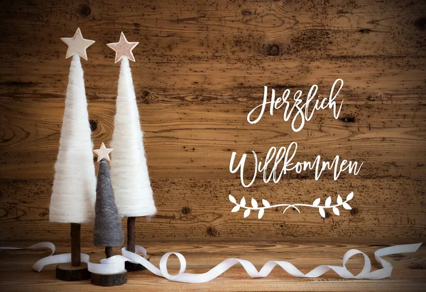 White Christmas Tree, Wooden Background, Willkommen Means Velkommen – stockfoto