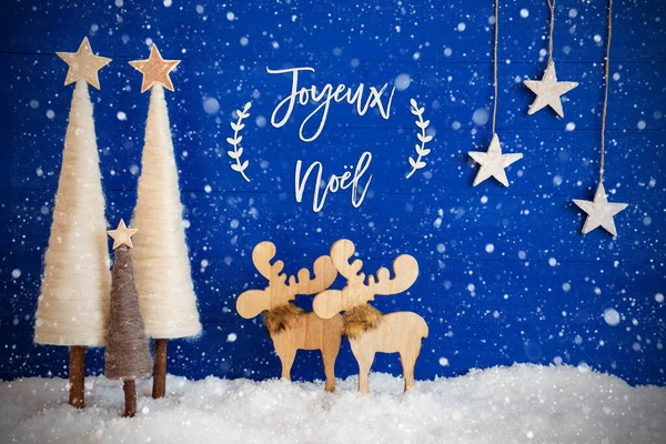 Albero di Natale, Oca, Neve, Stella, Joyeux Neol significa Buon Natale, Fiocchi di neve — Foto Stock