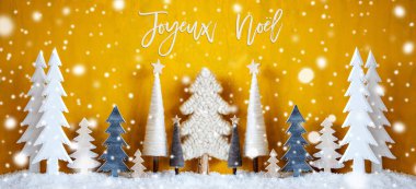 Banner, Trees, Snowflakes, Yellow Background, Joyeux Noel Mutlu Noeller demek