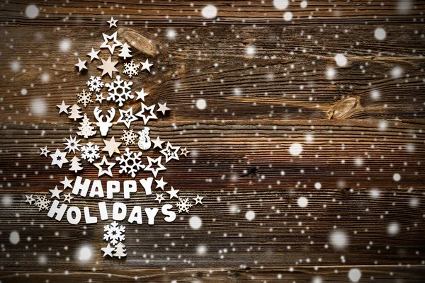 Kerstboom, Witte decoratie en decoratie, Sneeuwvlokken, Houten achtergrond — Stockfoto