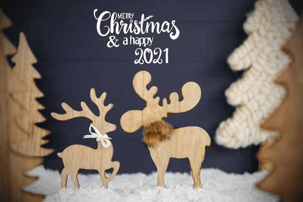 Elg Par, Juletræ, Sne, Glædelig jul og en glædelig 2021 - Stock-foto