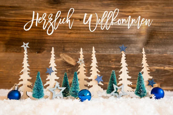 Julgran, Snö, Blå stjärna, Willkommen innebär Välkommen, Trä bakgrund — Stockfoto
