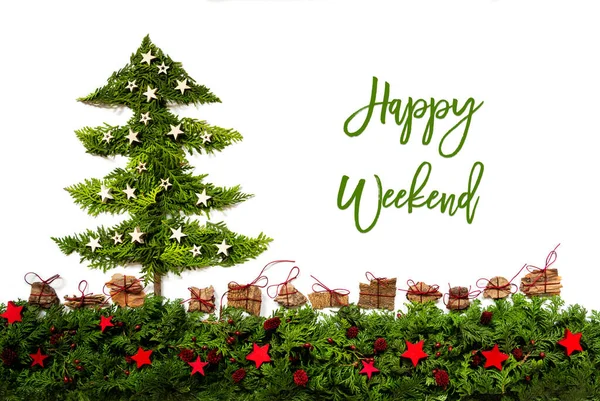 Christmas Tree, Silver and Red Stars, Fir Branch, Text Happy Weekend — стокове фото