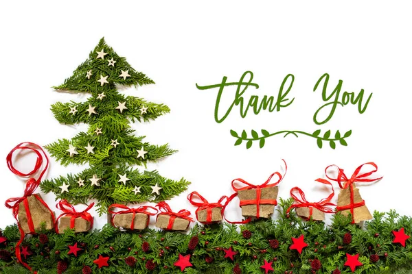 Weihnachtsbaum, Tannenzweig, Geschenke, rote und silberne Sterne, Text Danke — Stockfoto