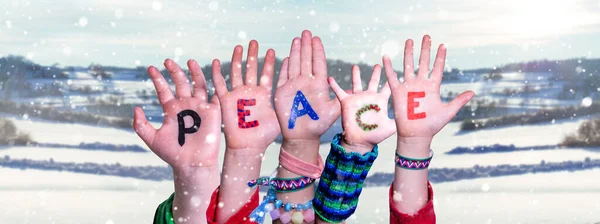 Children Hands Building Word Peace, Snowy Winter Background — Stock Photo, Image