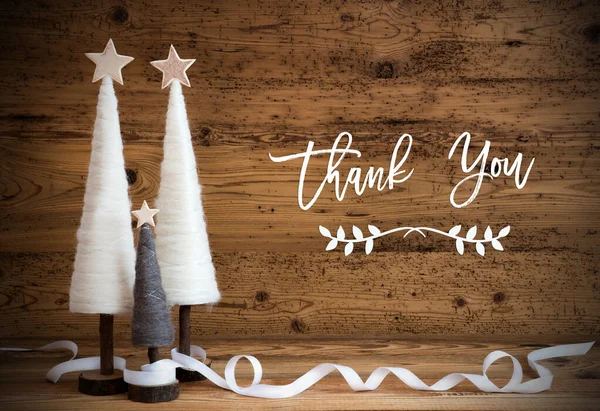 Árvore de Natal branca, Fundo de madeira, Texto Obrigado — Fotografia de Stock