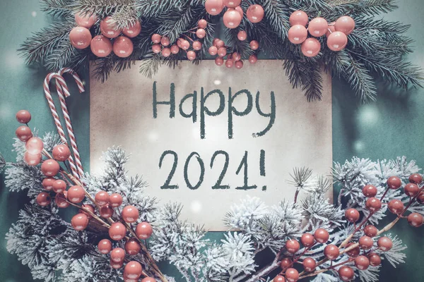 Karácsonyi Garland, Fenyőfa ág, Hópelyhek, Szöveg Boldog 2021 — Stock Fotó